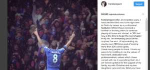 "Despu&eacute;s de 21 a&ntilde;os incre&iacute;bles, he decidido que es el momento correcto para acabar mi carrera como futbolista profesional", escribi&oacute; Lampard en un mensaje en su cuenta en la red social de Instagram.