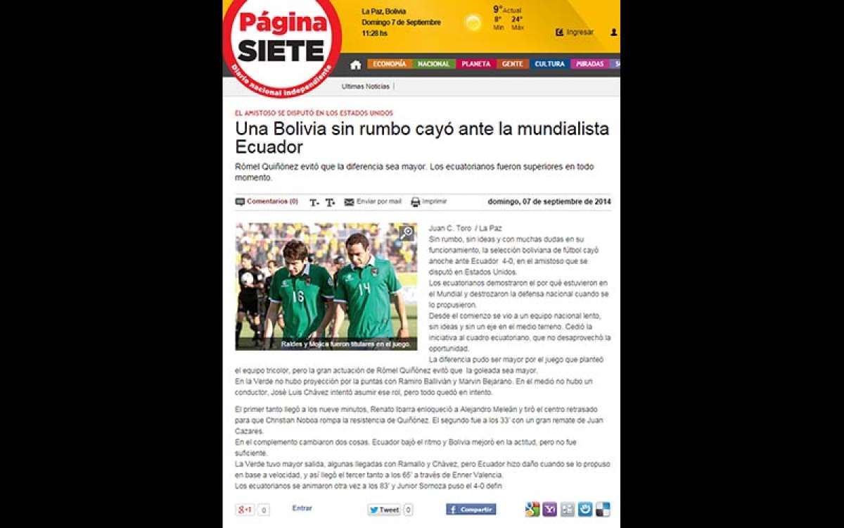 Prensa boliviana fustiga a la selecci&oacute;n por goleada sufrida ante Ecuador