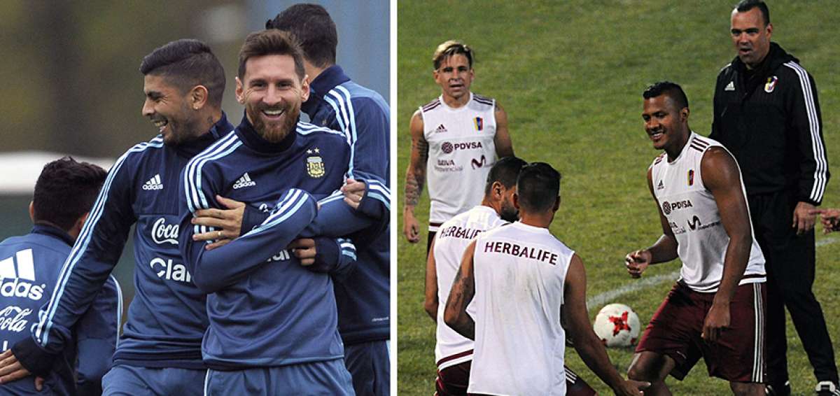 Lionel Messi (c) sonr&iacute;e en una din&aacute;mica grupal durante un entrenamiento de la selecci&oacute;n argentina. En la gr&aacute;fica derecha, Venezuela aterriz&oacute; el fin de semana en Buenos Aires y trabaj&oacute; en el estadio Monumental. 