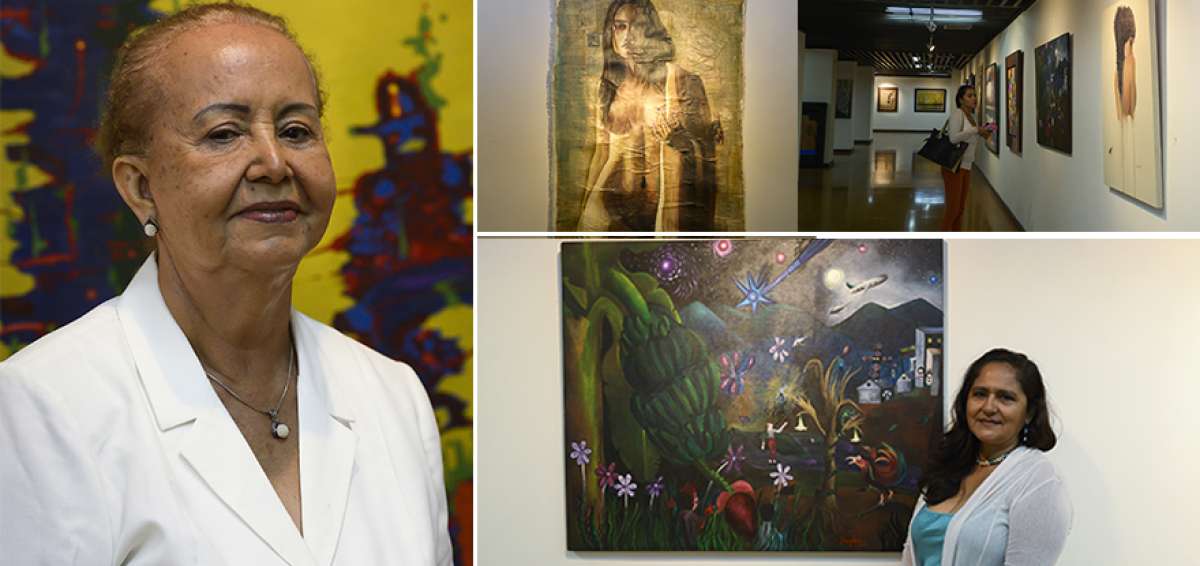 Arriba, Gloria Cobos, ganadora por su obra &lsquo;Ira terrena&rsquo;. El lienzo contiguo de la mujer desnuda es de Silvia Quezada, con quien comparti&oacute; el primer premio. Abajo posa Doris Arboleda con su cuadro &lsquo;El color de la verg&uuml;enza&rsquo;. La muestra estar&aacute; abierta todo marzo en la pinacoteca de la Casa de la Cultura del Guayas. 