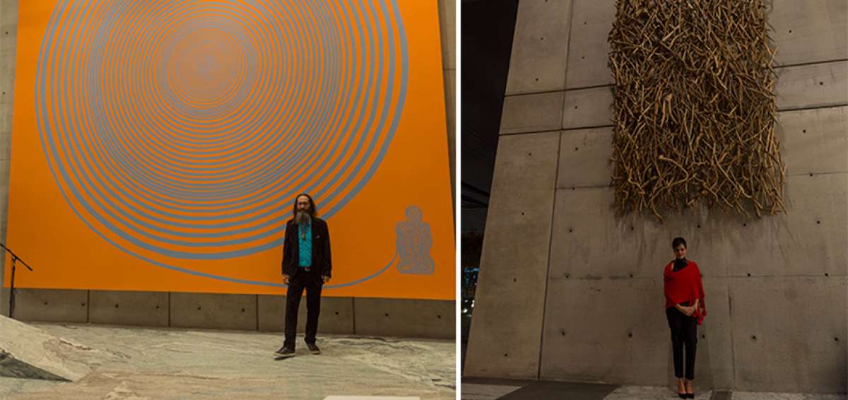 El artista quite&ntilde;o Marcelo Aguirre pint&oacute; un cuadro en gran formato en el que recrea una gran espiral -como s&iacute;mbolo de vida- que nace de un individuo. En la imagen derecha, la artista cuencana Juana C&oacute;rdova, radicada m&aacute;s de siete a&ntilde;os en Santa Elena, us&oacute; palos de diversos &aacute;rboles tropicales para armar su pieza.   