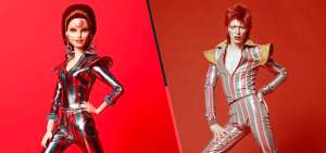 En la izquierda, el dise&ntilde;o de la famosa mu&ntilde;eca inspirado en el artista de pop brit&aacute;nico David Bowie y de su alter ego Ziggy Stardust (derecha). 