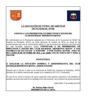 AFNA convoca a "asamblea por fuerza mayor" para tratar crisis de Deportivo Quito