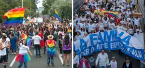 Los colores del arco&iacute;ris pintaron por la tarde las calles del norte de Quito en la marcha de las personas GLBTI que piden respeto e igualdad de derechos. En la gr&aacute;fica derecha, cerca de cinco mil personas caminaron desde la Plaza de Santo Domingo hasta la Corte Constitucional en Quito en contra del matrimonio igualitario.