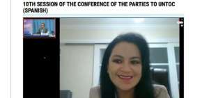 La presidenta del CJ durante la Conferencia virtual.