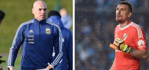Wilfredo &ldquo;Willy&rdquo; Caballero, durante un entrenamiento con la Albiceleste. En la imagen derecha, Franco Armani, en un compromiso de Copa Libertadores con River Plate.