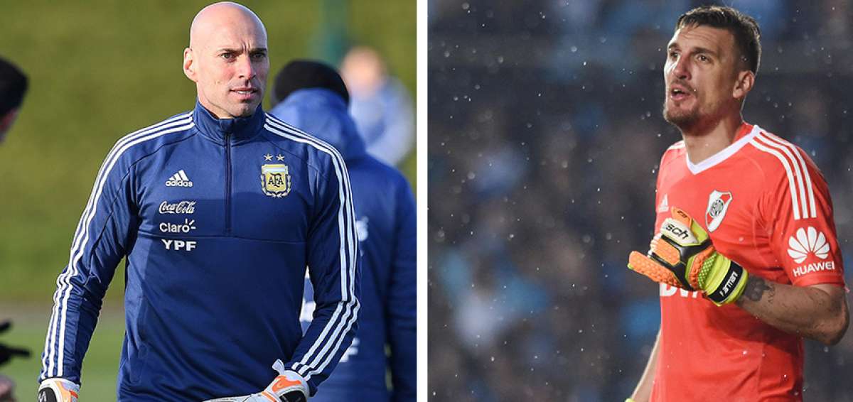 Wilfredo &ldquo;Willy&rdquo; Caballero, durante un entrenamiento con la Albiceleste. En la imagen derecha, Franco Armani, en un compromiso de Copa Libertadores con River Plate.