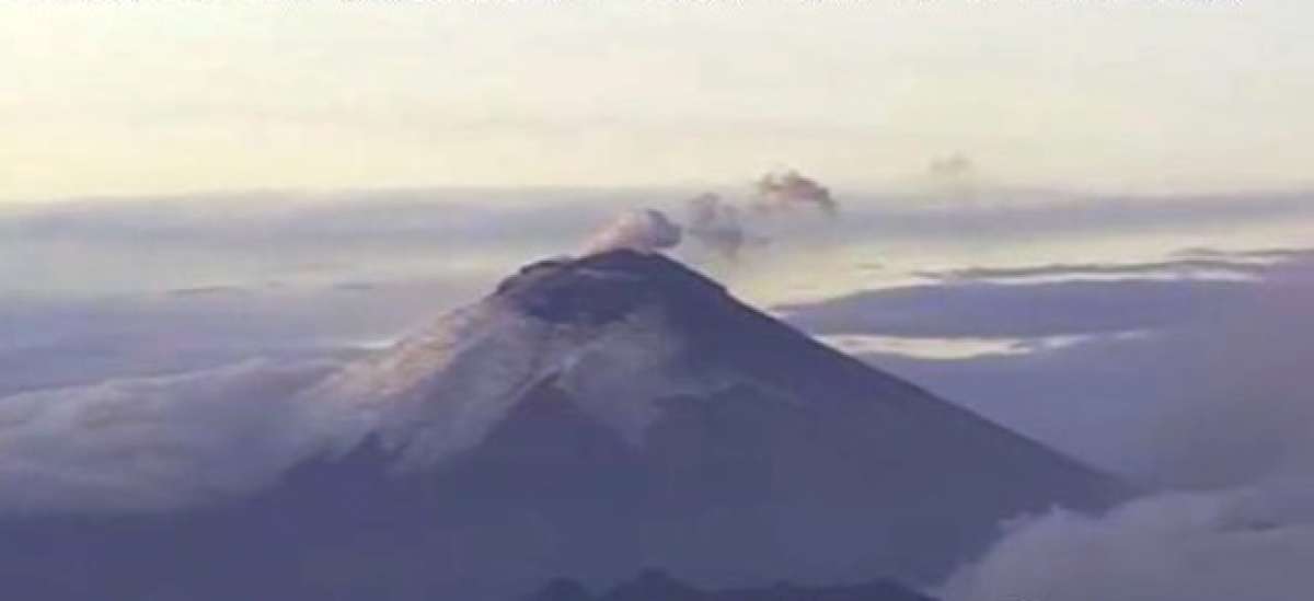 La emanaci&oacute;n de los vapores desde la boca  del cr&aacute;ter del volc&aacute;n no superan los 100 metros. Foto: Tomada de @Seguridad_Ec