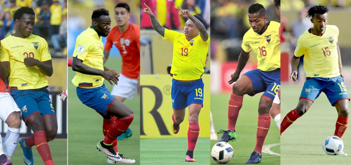 De izquierda a derecha. El defensa guayaquile&ntilde;o, Luis Caicedo, debut&oacute; con una selecci&oacute;n nacional a sus 24, por sus actuaciones con Independiente del Valle.    Felipe Caicedo, atacante del Espanyol de Barcelona, volvi&oacute; a marcar luego de 4 jornadas sin hacerlo. Tiene 5 tantos en Eliminatorias.  Leonel Ram&iacute;rez, lateral zurdo del  Ferencv&aacute;ros  de Hungr&iacute;a, jug&oacute; por primera vez los 90 minutos con la selecci&oacute;n ecuatoriana de f&uacute;tbol.  El jugador del Manchester United, Antonio Valencia, anot&oacute; su primer gol en el camino al Mundial de Rusia 2018.  Jefferson Orejuela se estren&oacute; oficialmente con la camiseta de la selecci&oacute;n ecuatoriana, luego de algunas convocatorias sin actuar. 